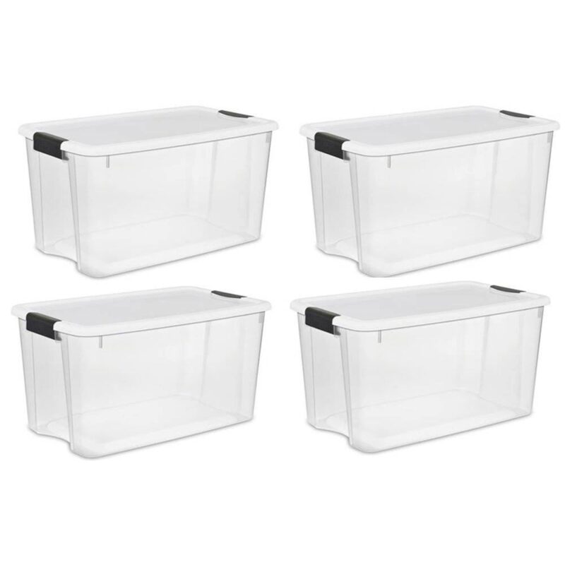 Catalog 2 Sterilite 70 Qt Ultra Latch Box, Stackable Storage Bin with Latching Lid, Organize Clothes, Sport Gear in Basement, Clear with White Lid, 4-Pack 70 Quart