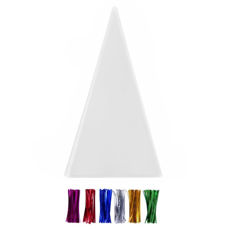 200 Transparent Cone Cello Bags with Twist Ties 6 Mix Colors - 1.4mils Thickness OPP Plastic Bags 15'' x 7''