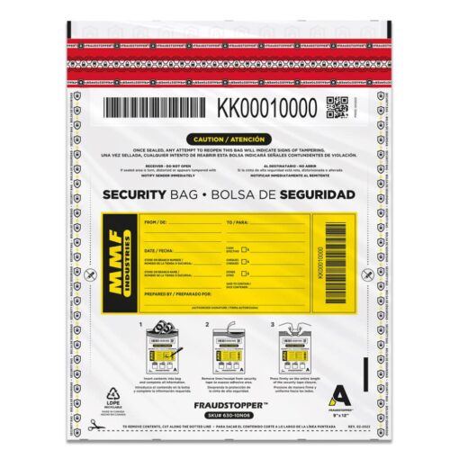 MMF Industries Cash Transmittal Bags | 9W x 12H | Pack of 100 | Unique Alphanumeric Numbering | Self-Sealing Adhesive | Four Tamper Indicators | Folded Bottom | Deposit Plastic Bags White