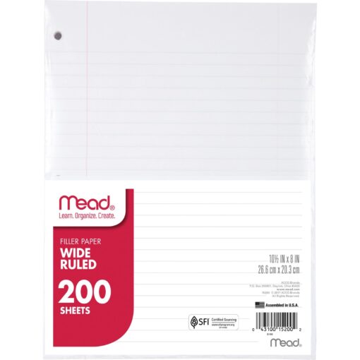 Mead Loose Leaf Paper, Notebook Paper, Wide Ruled Filler Paper, Standard, 8 x 10.5, 200 Sheets (15200) White