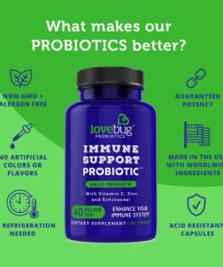 lovebug PROBIOTICS Immune Support Daily Probiotic for Men & Women, 40 Billion CFU & 6 Strains, Includes Vitamin C, Zinc & Echinacea, 30 Capsules, Vegan & Non-GMO 30 Count (Pack of 1) 10 61 KVrk0F1L