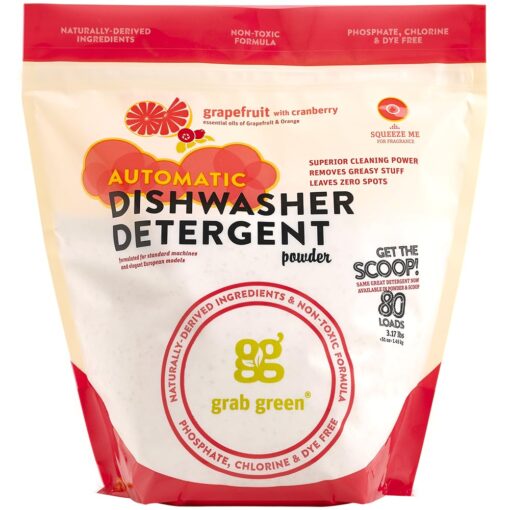 Grab Green Automatic Dishwashing Detergent Powder 3.17 lbs, 80 Loads, Grapefruit Cranberry Scent, Plant and Mineral Based, Superior Cleaning, Powerful Grease Removal, Brilliant Shine 3.17 Pound (Pack of 1)