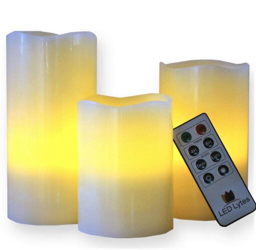 LED Lytes Timer Remote Control Flameless Candle Set, 3 Flickering Candles, 3 in Wide by 4, 5, 6 in Tall, Real Ivory Wax and Amber Flame, Home Decor, Large Battery Powered for Gifts for Mom Round Ivory Wax and Amber Flame