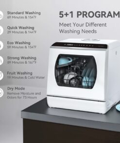 Hermitlux Countertop Dishwasher, 5 Washing Programs Portable Dishwasher With 5-Liter Built-in Water Tank For Glass Door 38 61 cQ0NIZqL