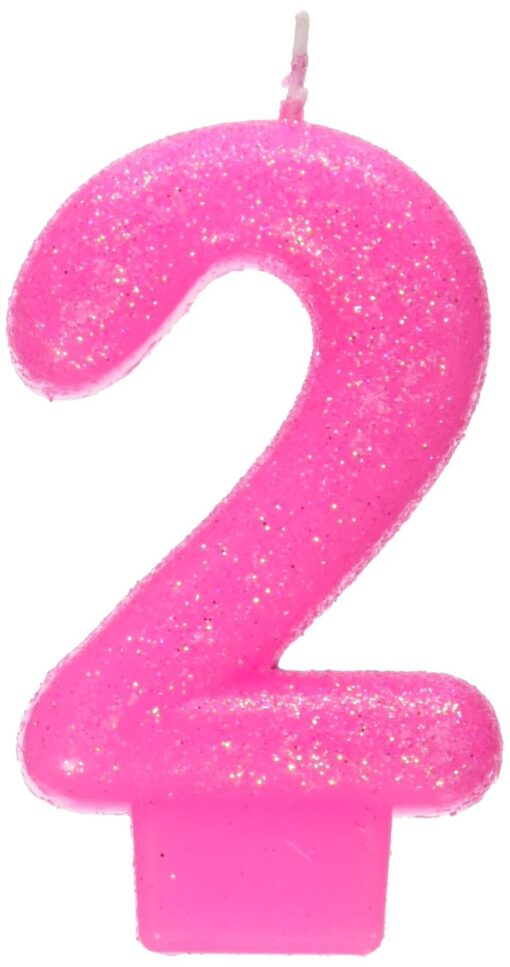 Shimmering Flat Molded Glittered Number 2 Celebration Candle, Pink , 3" Wax