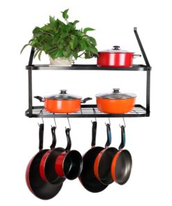 Vdomus Hanging Pot Rack - Rustproof Wall Mounted Pot Rack Pan Hanger for Kitchen Storage & Organization - Durable, Thick Iron Material - Easy Setup 2-Tier Pot Shelf Wall Mount Pot Holder - Black 27 61 qC2EHS3L 2