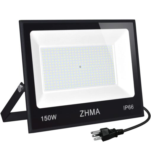 ZHMA 150W LED Flood Light Outdoor,12000lm LED Work Lights with Plug,IP66 Waterproof Security Lights,6500K Daylight White floodlight for Basketball Court, Parking Lots, Playground, Yard 150.0 Watts