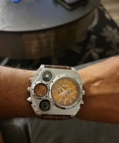 Men's Watch Oversize Steampunk Dual Time Zone Four Dial Big Face Soft Leather Band Policy Army Compass Thermometer Decorative Dial Cool Wrist Watch Christmas brown 22 610jduWR7uL