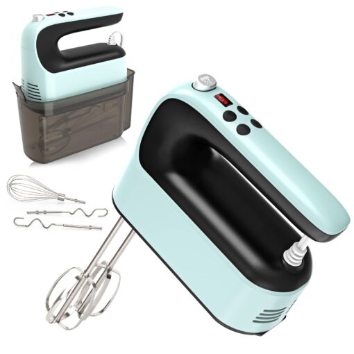 Yomelo 9-Speed Digital Hand Mixer Electric, 400W Powerful DC Motor, Baking Mixer Handheld with Snap-On Storage Case, Touch Button, Turbo Boost, Dough Hooks, Whisk (Ice Blue) Ice Blue