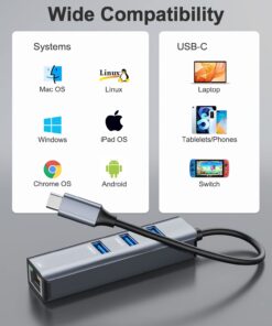 ABLEWE USB C to Ethernet Adapter, 4-in-1 RJ45 to USB-C/Thunderbolt 3 to Gigabit Ethernet LAN Network Adapter for MacBook Pro/Air 2021/2020/2019, iPad Pro 2021, Chromebook, XPS, Surface Book 3/2/Go Grey 25 610xxn457AL