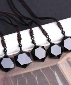 MENGLINA Black Obsidian Hexagram Natural Stone Necklace Translucent Ice Obsidian Wolf Tooth Amulet His and Hers Couples Necklace Lucky Love Pendant Necklace for Men Women Hexagon (Black Rope) 19 6111FQi9SEL