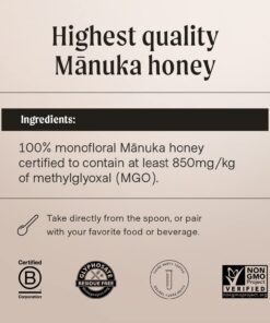 Manukora Raw Manuka Honey, MGO 850+ from New Zealand, Non-GMO, Monofloral, Traceable from Hive to Hand, Daily Digestive & Immune Support - 250g (8.82 Oz) 8.82 Ounce (Pack of 1) 33 611TzFxZjoL