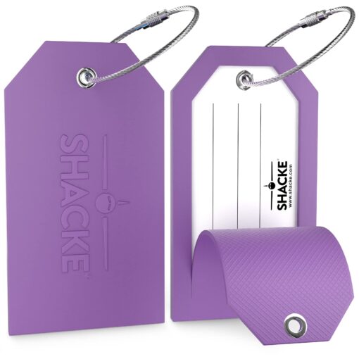 Shacke Luggage Tags with Full Back Privacy Cover w/Steel Loops - Set of 2 Purple