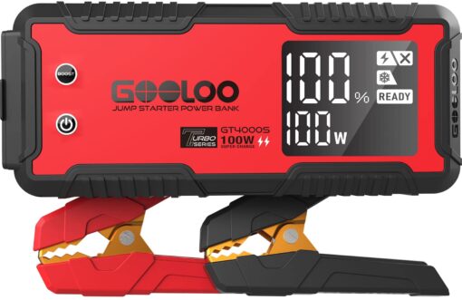 GOOLOO GT4000S Jump Starter 4000 Amp Car Starter 100W Two-Way Fast-Charging Portable Car Battery Charger Booster Pack for 10L Diesel and 12L Gas Engines, SuperSafe Lithium Jump Box for 12V Vehicles Red