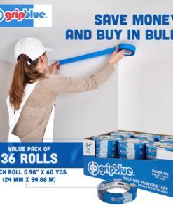 GripBlue Blue Painters Tape 1 inch Wide, Masking Tape Blue .94in x 60yds, 36 Rolls of Blue Paint Tape, 1 Inch Painters Tape for Sharp Lines, Blue Tape is Surface-Safe & Residue-Free 1 in/.94 (Case 36) 11 612NxUMeMtL