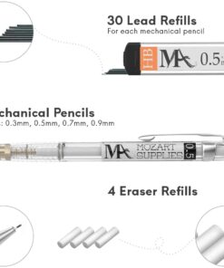 MozArt Mechanical Pencil Set with Case - 4 Sizes: 0.3, 0.5, 0.7 & 0.9mm with 30 HB Lead Refills Each & 4 Eraser Refills -Sketch, Drafting, Art, Drawing Supplies (Clear) Clear 43 612esQWxQVL