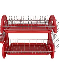 2 Tier Dish Drainer, By Home Basics (Red) Dish Rack For Kitchen Counter, With Cutlery Holder and Cup Slots Red 27 612pl0fLh3L