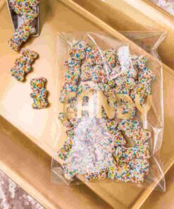 Sweet Details Party Co. Cellophane 'Candy' Bags (100 Pack) Gold & Clear Goodie Bags for Candy Bar & Buffet Gifts- Wedding/Birthday Party Favor Bags- Self-Sealing & Resealable Adhesive - NO Ties! Candy Bags - Gold 12 613BozQotaL