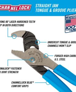 CHANNELLOCK 424 Straight Jaw Tongue & Groove Pliers, 4.5-inch | 1/2-inch Jaw Capacity | 3 Adjustments | Forged High-Carbon U.S. Steel | 90° Teeth Grip in Both Directions | Made in USA, Polished Steel 20 613MYJHwE0L