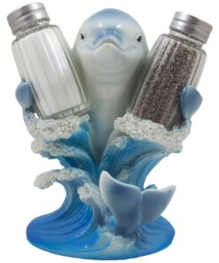 Alternative view of Dolphin Riding Ocean Wave Salt and Pepper Shaker Set with Figurine Holder in Decorative Tropical Kitchen Decor Spice Racks & Porpoise Display Stands or Beach Bar As Gifts for Dolphin Lovers