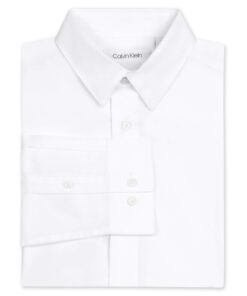 Calvin Klein Boys' Long Sleeve Sateen Dress Shirt, Style with Buttoned Cuffs & Shirttail Hem 6 White 16 613aMMJu2HL 1