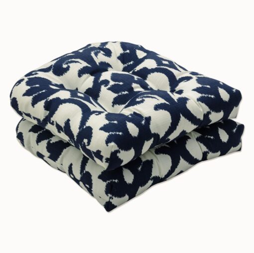 Pillow Perfect Damask Indoor/Outdoor Chair Seat Cushion, Tufted, Weather, and Fade Resistant, 19" x 19", Blue/White Basalto, 2 Count 19" x 19"