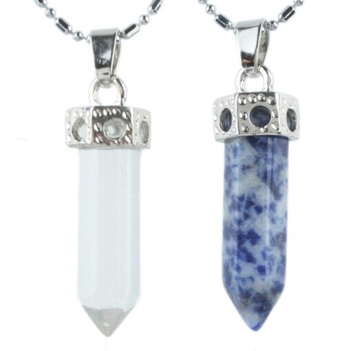 SUNYIK Semiprecious Healing Crystal Point Stone Pendant for Necklace,Hexagon Pyramid Pendant Pack of 2 1-rock crystal stone+blue veins stone