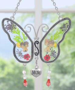 Mom Butterfly Suncatcher with Pressed Flower Wings and Silver Heart Charm - Hanging Height 8" 1 24 614beS1hzhL