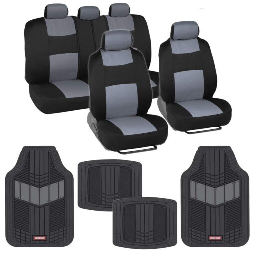 BDK Two-Tone PolyPro Car Seat Covers Full Set with Motor Trend Heavy Duty Rubber Car Floor Mats, Black & Gray – Interior Covers for Auto Truck Van SUV Black & Grey