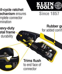 Klein Tools VDV226-110 Ratcheting Modular Data Cable Crimper / Wire Stripper / Wire Cutter for RJ11/RJ12 Standard, RJ45 Pass-Thru Connectors 34 6152bCzpuQL