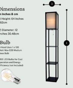 Floor Lamp with Shelves - Room Light by LIGHTACCENTS - Corner Storage Standing Bookshelf Lamp - Bedroom Light with Wooden Storage Shelves and White Cotton Linen Shade (Black) Black 33 6159ajoIklL