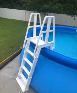 Vinyl Works SLA A-Frame 48-56 Inch Adjustable Above Ground Swimming Pool Ladder Entry System with Slide Lock Barrier and Handrails, White 22 615DTUyCjnL