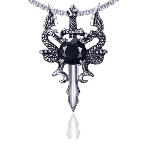 Xusamss Punk Titanium Steel Wing Dragon Crystal Pendant Sword Necklace,24inches Link Chain 316L Steel Dragon Sword