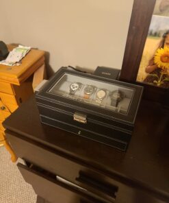 SONGMICS 12-Slot Watch Box, Lockable Watch Case with Glass Lid, 2 Layers, with 1 Drawer for Rings, Bracelets, Gift Idea, Black Synthetic Leather, Gray Lining UJWB012 Black + Gray 12 Slot 38 615fCl0f8QL