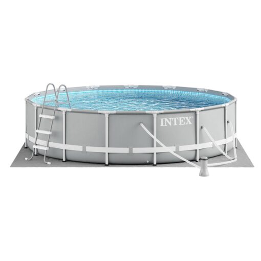 Intex 15 Foot x 42 Inch Prism Frame Above Ground Outdoor Backyard Swimming Pool Set with 1000 GPH Filter Pump, Ladder, and Secure Pool Cover, Gray Frame Pool 15FT x 42IN