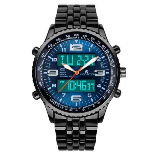 VIGOROSO Men's LED Analog Digital Date Week Sports Outdoor Steel Blue Dial Watch Black&Blue