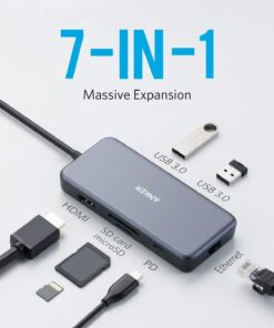 Anker USB C Hub Adapter, PowerExpand+ 7-in-1 USB C Hub, with 4K USB C to HDMI, 60W Power Delivery, 1Gbps Ethernet, 2 USB 3.0 Ports, SD and microSD Card Readers, for MacBook Pro and Other Laptops 30 616J Av G6L