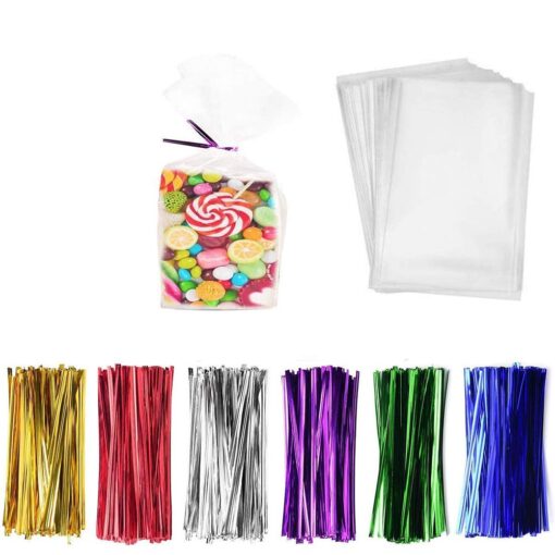 300 Pcs Clear Candy Bags with Ties Clear Cellophane Bags 4"x6" Cookie Bags with 6 Mix Colors Twist Ties - 1.4mils Thickness OPP Plastic Bags for Wedding Birthday Cake Pop Gift Candy Buffet Supplies 4''x6''