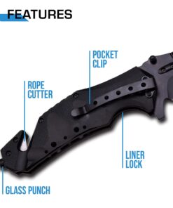 MTech USA – Spring Assisted Folding Knife – Black Stainless Steel Blade and Black Aluminum Handle with Rope Cutter, Glass Punch and Pocket Clip - Hunting, Camping, Survival, Tactical, EDC – MT-A845BK Black Blade 33 6173zxZKS7S