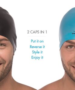 Reversible Silicone Swim Cap, Waterproof 2-in-1 Swimming Caps for Men and Women with Carry Bag, Flexible Adult Swimmers Cap for Short and Medium Length Hair Blue/Black 11 617FfvT7sPL