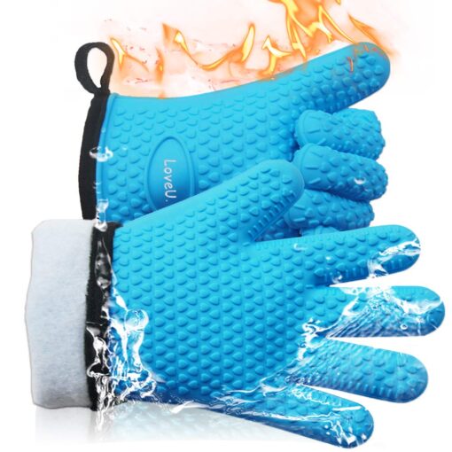 Loveuing Kitchen Oven Gloves - Silicone and Cotton Double-Layer Heat Resistant Oven Mitts/BBQ Gloves/Grill Gloves - Perfect for Baking and Grilling One Size Fits Most Blue