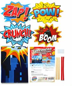 Superheroes Theme Party Photography Backdrop with Prop, Flag & Mask. Super Hero Cityscape Photo Booth Background for Kids Party, Birthday Wall Decorations 4*5.5 feet 22 617hTxRsu7L