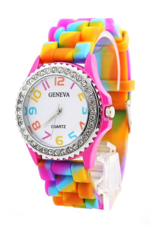 Geneva New Rainbow Crystal Rhinestone Watch Silicone Jelly Link Band.