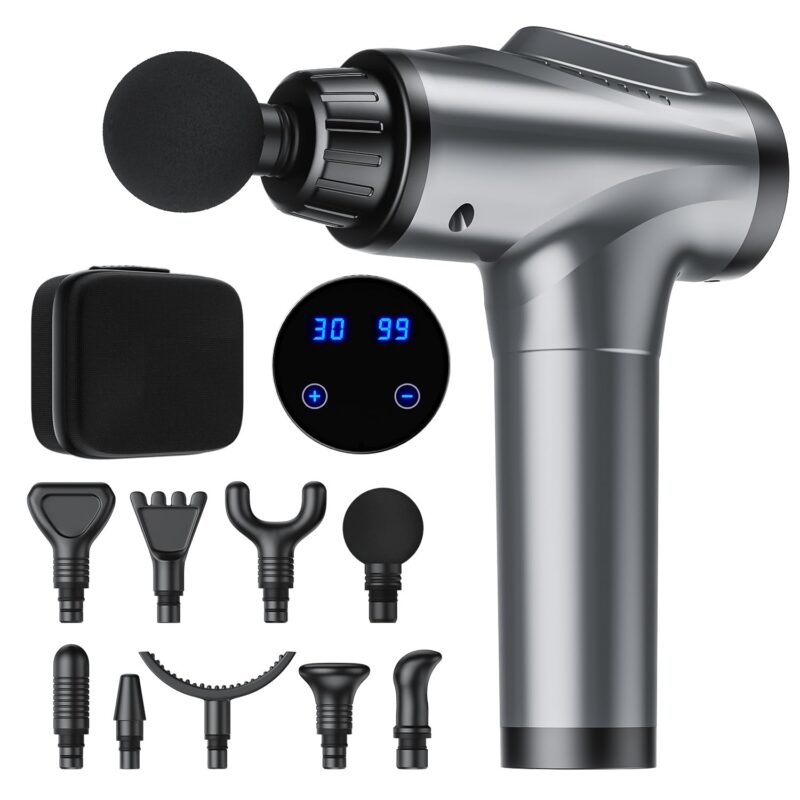 AYURA Massage Gun, Percussion Massager Gun with 30 Speed Levels & 9 Massage Heads, Handheld Electric Muscle Massager for Any Pain Relief, Gifts for Families and Friends (Grey) Grey