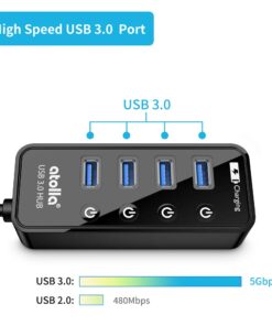 Powered USB Hub Long Cord, atolla USB 3.0 Hub 4 + 1 Data Transfer and Charging Multiport with Power Supply Adapter 15W (5V/3A) and 3.3ft Meter USB 3 Extension Cable 12 618lbS1QUL