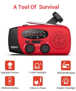 Esky Emergency Hand Crank Radio with 3 LED Flashlight, AM/FM/NOAA Portable Weather Radio with 2000mAh Power Bank Phone Charger, Solar Powered USB Charged Radio for Indoor Outdoor Camping, SOS Alarm Red 39 618nojCKBL