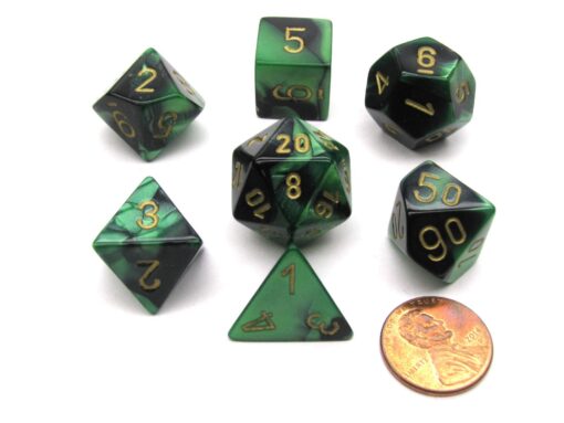 Polyhedral 7-Die Gemini Chessex Dice Set - Black-Green w/ Gold CHX-26439