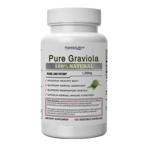 Superior Labs – Pure Natural Graviola NonGMO – 1,200mg, 120 Vegetable Caps– Natural Dietary Soursop Supplement – Healthy Skin & Helps Promotes Cell Growth – Respiratory System - Balanced Mood