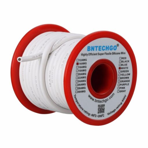 BNTECHGO 14 Gauge Silicone wire spool 25 ft White Flexible 14 AWG Stranded Tinned Copper Wire silicone wire 25ft silicone wire white