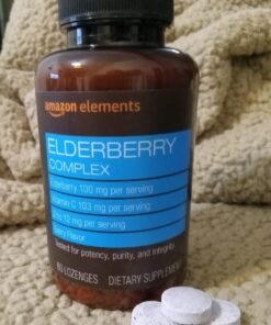 Amazon Elements Elderberry Complex, Immune System Support Tablet, Berry Flavored Lozenges, Adult, Unisex, 60 Count, Elderberry 100mg, Vitamin C 103mg, Zinc 12mg per Serving (Packaging may vary) 34 619UvclkeFL